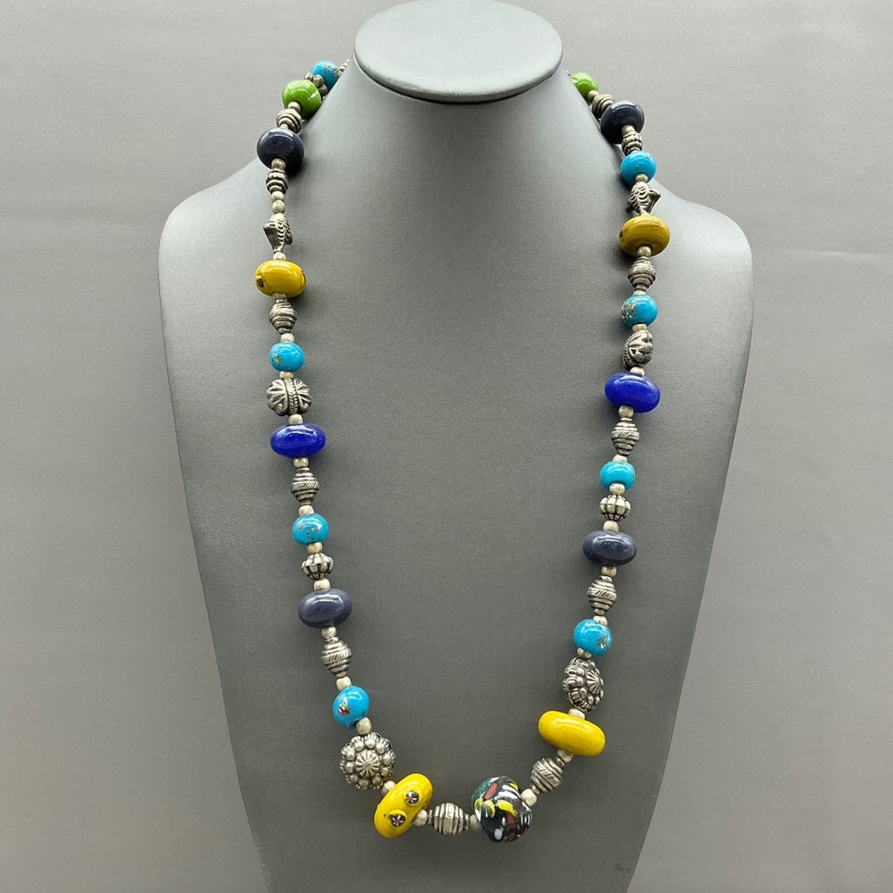 Necklace Multicolor Glass Millefiori Style Beads Silver Tone Boho Statement 24"